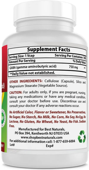 Best Naturals Gaba 750 mg 100 Veggie Caps - shopbestnaturals.com