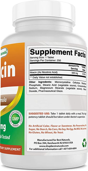 Best Naturals Niacin 500mg 250 Tablets with Flushing - Also Called Vitamin B3