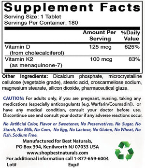 Best Naturals Vitamin K2 (MK7) with D3 Supplement Bone and Heart Health (5000 IU Vitamin D3 & 100 mcg Vitamin K2 MK7), 180 Tablets - shopbestnaturals.com