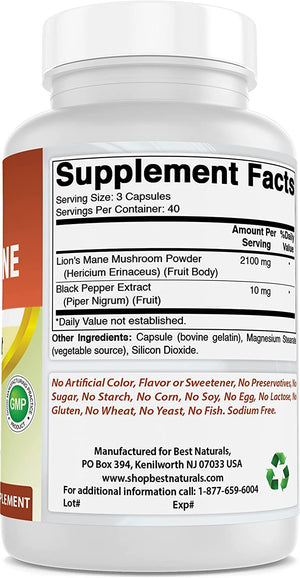 Best Naturals Lions Mane Mushroom Supplement 2100mg - 120 Capsules - Supports Mental Clarity, Focus & Immune Health - Added Black Pepper for Maximum Absorption