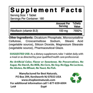 Best Naturals Vitamin B-2 100mg 180 Tablets