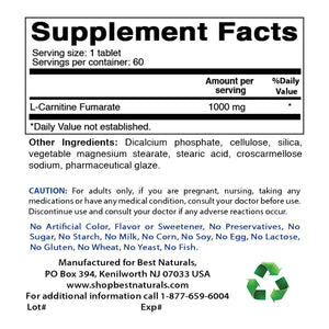 Best Naturals L-Carnitine 1000 mg 60 Tablets - shopbestnaturals.com