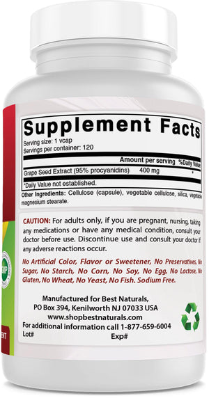 Best Naturals Grape Seed Extract 400 mg 120 Veggie Capsules - shopbestnaturals.com