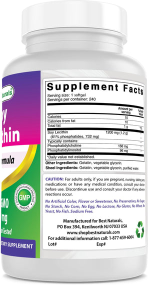 Best Naturals Soy Lecithin Non-GMO 1200 mg 240 Softgels - shopbestnaturals.com