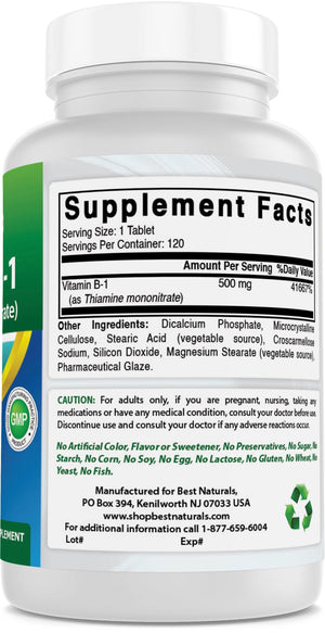 Best Naturals Vitamin B1 as Thiamine Mononitrate 500 mg 120 Tablets - shopbestnaturals.com