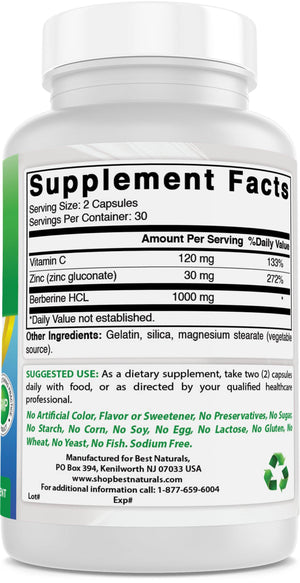 Best Naturals Berberine Plus 1000 mg per serving 60 Capsules - Helps Support Healthy Blood Sugar Levels, Digestion & Immunity - shopbestnaturals.com
