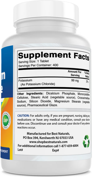 Best Naturals Potassium Chloride Supplement 99mg 400 Tablets - 3rd Party Lab Tested