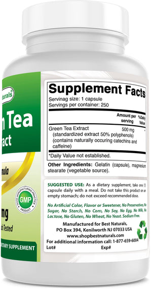 Best Naturals Green Tea Extract 500 mg 250 Capsules - shopbestnaturals.com