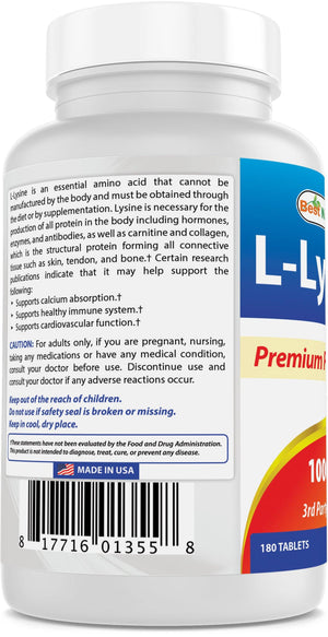 Best Naturals L-Lysine 1000 mg 180 Tablets - shopbestnaturals.com