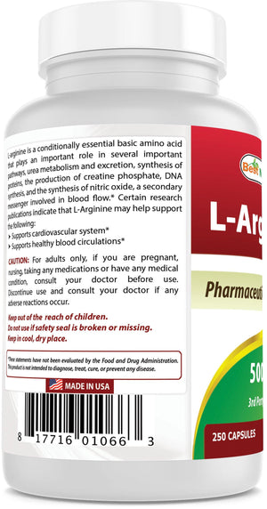 Best Naturals L-Arginine 500 mg 250 Capsules - shopbestnaturals.com
