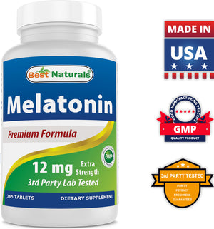 Best Naturals Melatonin 12 mg 365 Tablets (1 Year Supply) | Drug-Free Nighttime Sleep Aid - Melatonin for Sleep and Relaxation