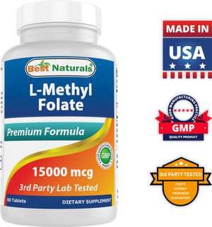 Best Naturals Methyl Folate 15000 mcg (15mg) (Most Bio-Available) 60 Tablets