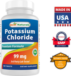 Best Naturals Potassium Chloride Supplement 99mg 400 Tablets - 3rd Party Lab Tested